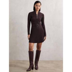 REISS Vienna Rib-Knit Belted Half-Zip Flippy Dress